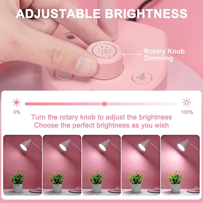 BOHON Cute Desk Lamp with USB Charging Port, Pink Lamp 3 Color Modes Dimmable Reading Lamp, Flexible Gooseneck Table Light Auto Dimming Task Lamp, LED Desk Light for Home Office Dorm Bedside, Pink