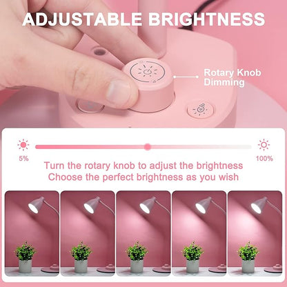 BOHON Cute Desk Lamp with USB Charging Port, Pink Lamp 3 Color Modes Dimmable Reading Lamp, Flexible Gooseneck Table Light Auto Dimming Task Lamp, LED Desk Light for Home Office Dorm Bedside, Pink