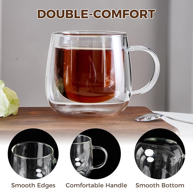 Double Wall Glass Coffee Mugs 10 Oz with Handle - Set of 1 | Insulated Clear Espresso Coffee Mug with Handle, Double Walled Coffee Cups for Cappuccino, Latte, Tea, Hot Drinks