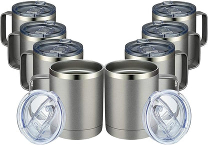 MEWAY 12oz Coffee Mug With Handle 8 Pack Bulk,Stainless Steel Insulated Travel Tumblers With Sliding Lid,Double Wall Vacuum Camping Cup for Hot & Cold Drinks Tea (Cold Grey,Set of 8)