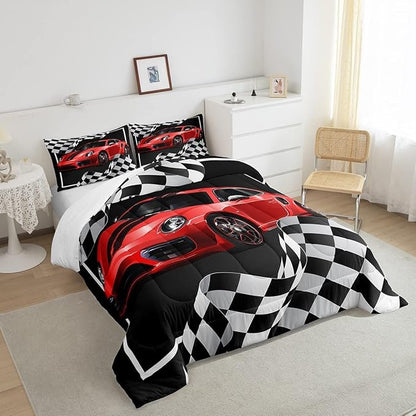 Red Race Car Comforter Set King Size,Black White Plaid Dynamic Bedding Set 3pcs for Kids Children Boys Teens Room Decor,Extreme Sport Racing Quilt Set,Soft Stylish Duvet Insert with 2 Pillowcases