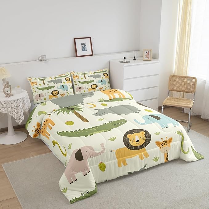 Feelyou Nursery Cute Wild Animals Bedding Set for Girls Boys Child Kids Cartoon Lion Giraffe Crocodile Comforter Decor Nature Wildlife Comforter Set Zoo Animal Duvet Set King Size Quilt Boys