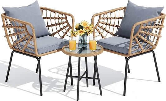 YITAHOME Wicker 3-Piece Outdoor Bistro Set, All-Weather Patio Conversation Set for Balcony, Backyard, Pool, Porch, Deck, Outdoor Sectional Furniture Set with Table & Cushions - Grey