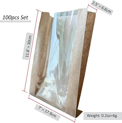 100 Pcs cozymomdeco Korean Made Bakery Bags with Window, Paper Sandwich Bags, Donut To Go, Bakery for Treat, Snack, Cookie Packaging Pastry Bags (Brown) (Large)