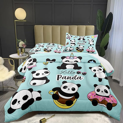Bodhi Cartoon Cute Panda Comforter Set King for Boys Kids Girls Teens Soft Microfiber Animal Theme Panda Bedding Set King Size 3D Panda Comforter Set 1 Comforter+2 Pillow Shams #4007