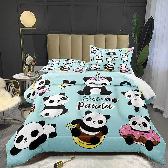 Bodhi Cartoon Cute Panda Comforter Set Queen for Boys Girls Kids Teens Soft Microfiber Animal Theme Panda Bedding Set Queen Size 3D Panda Comforter Set 1 Comforter+2 Pillow Shams #4007