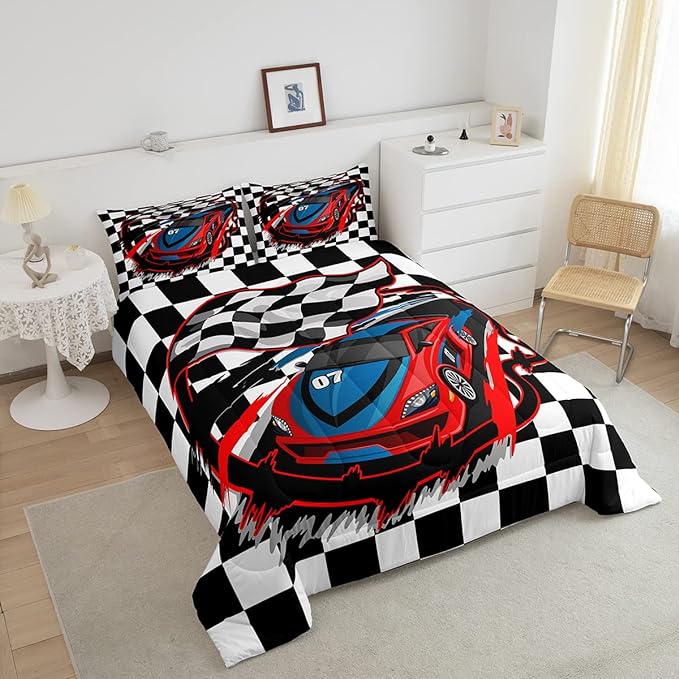 Red Race Car Bedding Set Twin Size Cool Racing Car Comforter Set Competition Extreme Sports Game Down Comforter For Kids Boys Girls Teens Bedroom Decor Plaid Pattern Duvet Insert With 1 Pillowcase
