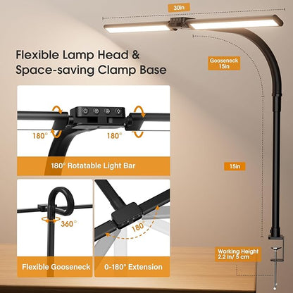 LED Desk Lamp with Clamp, Rotatable Architect Lamp for Home Office, Bright Computer Desk Light with Dimmable Color Brightness, Adjustable Desktop Lamp with Gooseneck, Double Head, Black
