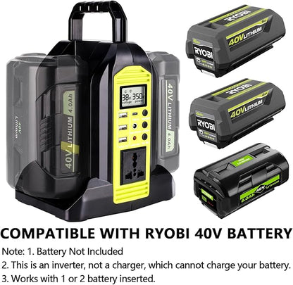 Power Inverter for Ryobi 40V Battery, 350W 2-Port Battery Converter DC 40V to AC 120V, Portable Generators with LED Light, 6 Output Ports, LCD Display for RV Camping, Emergency, Power Outages
