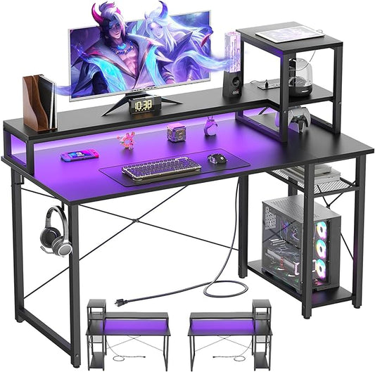 Gaming Desk with Lights & Power Outlets, 39.4' Computer Desk with Shelves, Small Desk for Small Space, Writing Desk with Monitor Stand, Black