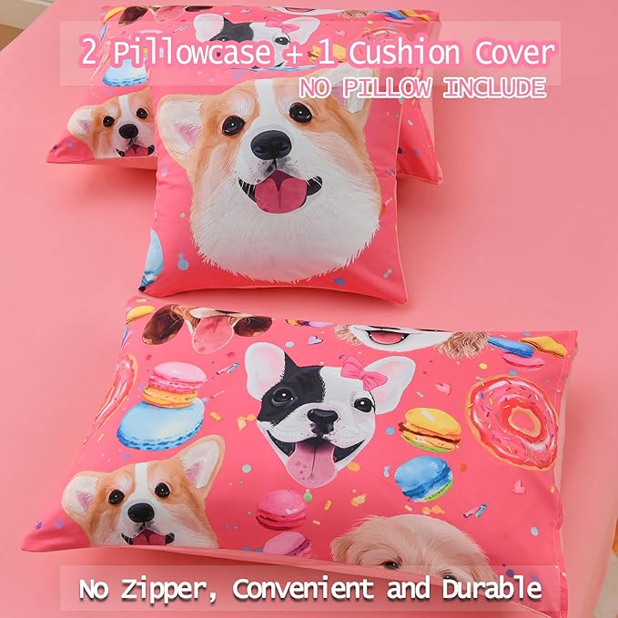 DORCAS Pink Twin Comforter Set for Girls Cute Dog Bedding Sets Twin Girls 6 Pieces Animal Twin Bed-in-A-Bag with Comforter,Sheets,Pillowcases for Kids