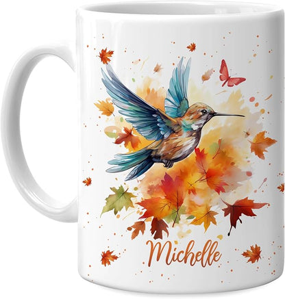 Hyturtle Personalized Fall Hummingbird Maple Leaves Coffee Mug | Birthday Gifts For Hummingbird Lovers - Fall Autumn Decor Gifts For Thanksgiving - Custom Name 11oz White Ceramic Tea Mug