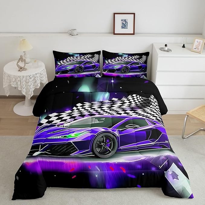 Purple Race Car Comforter Set Queen Size, Black White Lattice Bedding Set 2pcs for Kids Boys Teens Room Decor,Extreme Sport Games Quilt Set,Cool Modern Duvet Insert with 2 Pillowcases