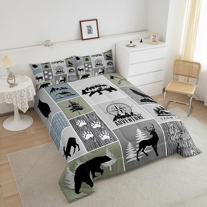 Rustic Farmhouse Cabin Kids Comforter Set Queen Size,Deer Bear Hunting Adventure Bedding Set for Boys Girls Adults Room Decor,Geometric Plaids Down Comforter,Gray Green Duvet Insert,2 Pillowcases