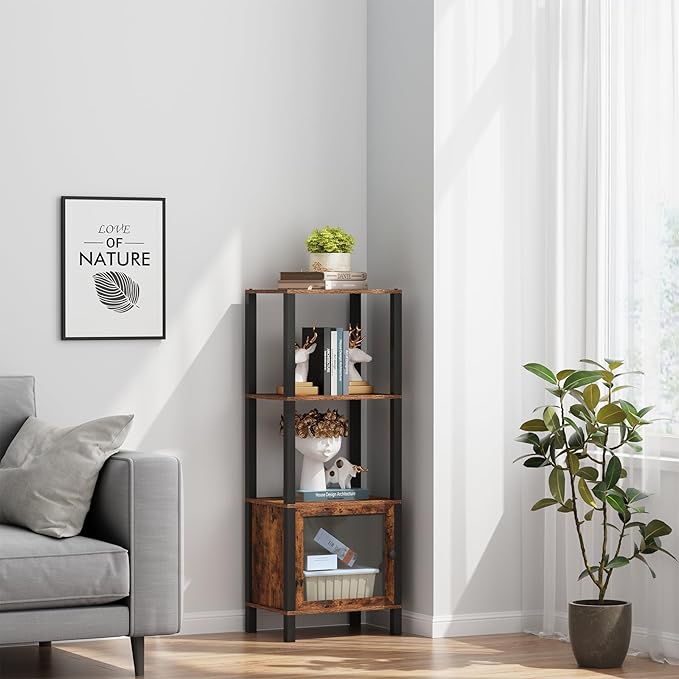 TUTOTAK 4 Tier Bookcase and Bookshelf, Narrow Book shelf with Door for Small Space, for Living Room, Office, Study, Entryway, Brown BS03BB004