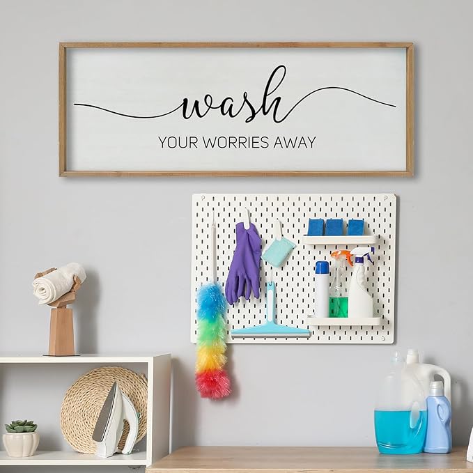 SRSZHIYUE Wash Your Worries Away Bathroom Sign Wall Art 40"x15" Funny Restroom Toilet Large Wood Framed Hanging Decor (Wood)