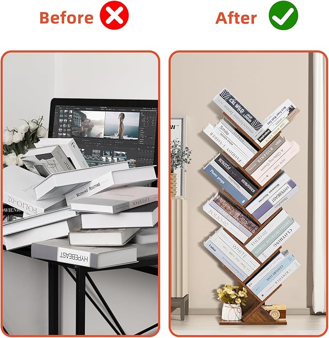 10 Tier Tree Book Shelf, Floor Standing Wood Bookshelf for Narrow Space, Storage Organizer Bookshelves for Books/CDs/Magazine, Bookcase with Shelves for Home Office, Living Room - Brown