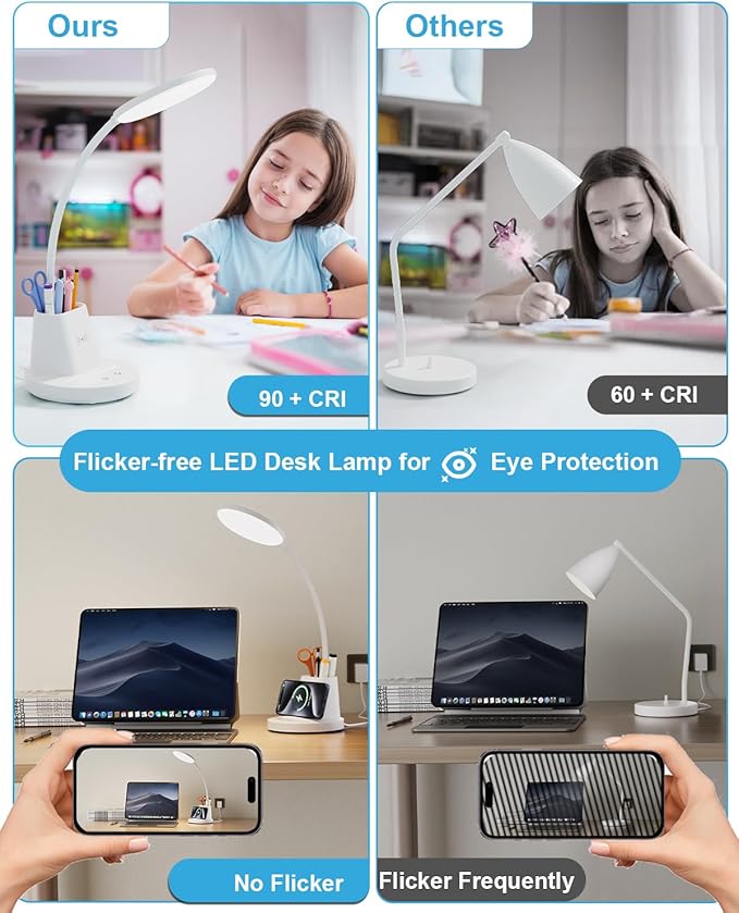 hansang LED Desk Lamp with Wireless Charger for Home Office, Stepless Dimmable, 3 Color Modes, Touch Control White Study Lamp for College Dorm Room, Pen Holder, CRI 90, 800 Lumen, Adapter Included