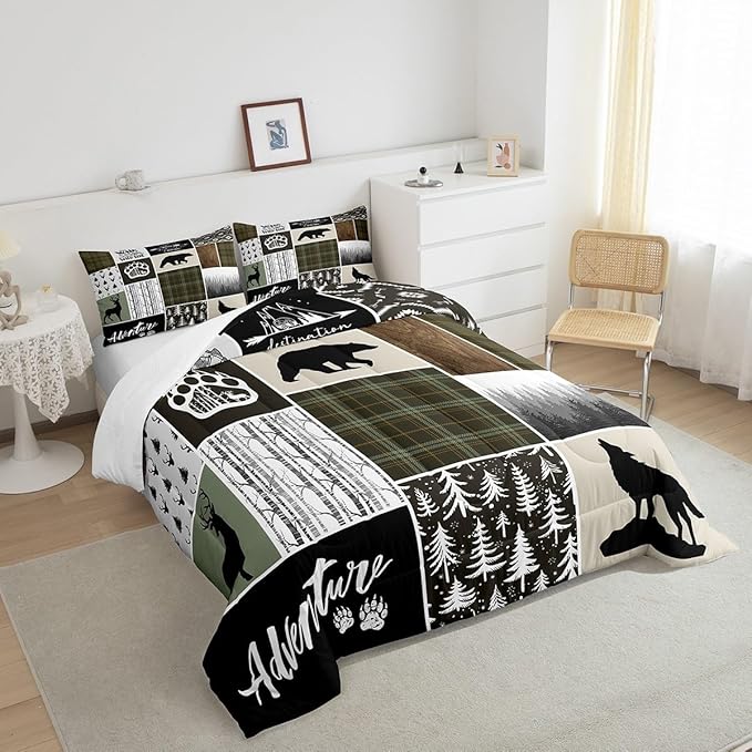 Camper Adventure Kids Comforter Set Queen Size,Deer Antlers Bear Paws Rustic Farmhouse Bedding Set for Boys Girls Adults Room Decor,Atzec Arrows Boho Down Comforter,Camo Duvet Insert,2 Pillowcases