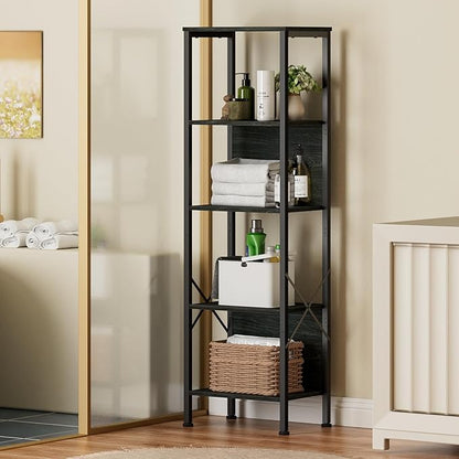 Furologee 5 Tier Tall Bookshelf with Back, Industrial Narrow Bookcase, Display Standing Shelf Units, Metal and Wood Storage Corner Shelves Organizer for Bedroom, Living Room, Entryway, Kitchen, Black