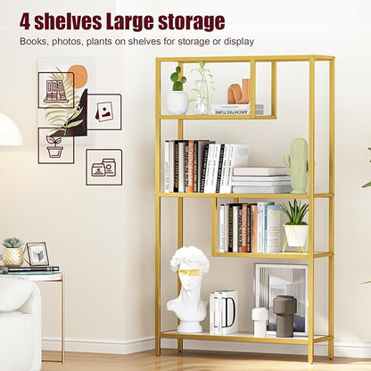 HOME BI Geometric Bookshelf, Tall Modern Etagere Bookcase, Industrial Metal Book Shelf with 5 Open Display Shelves for Office Living Room, Gold and White