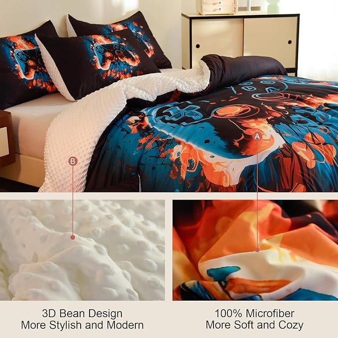 Video Game King Size Comforter Set for Boys Kids Teens Gamepad Gaming Controller and Fire Pattern Bedding Set- 3 Piece Quilt with 2 Pillowcases (104"x90")
