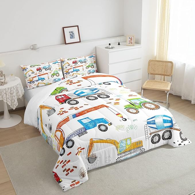 Boys Excavator Bedding Set Construction Vehicles Comforter Set for Kids Girls Watercolor Tractor Crane Truck Comforter Colorful Design Quilt Room 3Pcs Full Size Boys