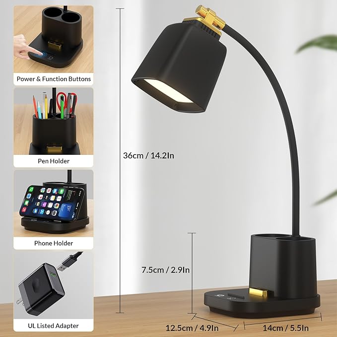 LED Desk Lamp with 2 USB Charging Port, 2 Pen Holders 3 Color Modes Dimmable Reading Light Desk Light, LED Small Desk Lamp Flexible Gooseneck Touch Table Lamp for Bedside Office Home, AC Adapter
