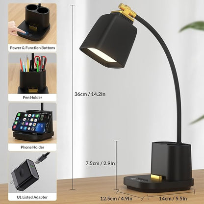 LED Desk Lamp with 2 USB Charging Port, 2 Pen Holders 3 Color Modes Dimmable Reading Light Desk Light, LED Small Desk Lamp Flexible Gooseneck Touch Table Lamp for Bedside Office Home, AC Adapter