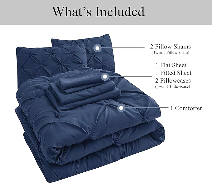 LANE LINEN Twin Comforter Set, 5 Piece Twin Bedding Sets for Boys, Pintuck Twin Size Bed Set, Pinch Pleated Twin Bed in a Bag Set, Twin Bed Comforter Set with Sheets, Pillowcase & Sham - Navy Blue