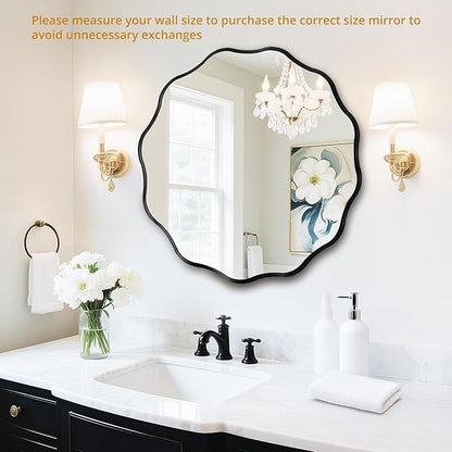 Fabuady Black Round Wavy Edge Mirror - 24'' Circle Wall Mirror with Metal Frame, Decorative Hanging/Leaning Mirror for Bathroom, Bedroom, Living Room, Hallway, Entryway, Office, Home Decor