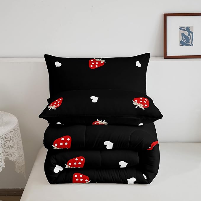 Kawaii Bedding Strawberry Comforter Set Twin Size Strawberry Decor Down Comforter Red Strawberry Bedding Set Cute Fruits Theme Sweet Strawberry Quilt Set Soft Reversible With 1 Pillowcase, Red Black
