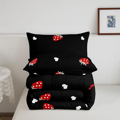 Kawaii Bedding Strawberry Comforter Set Twin Size Strawberry Decor Down Comforter Red Strawberry Bedding Set Cute Fruits Theme Sweet Strawberry Quilt Set Soft Reversible With 1 Pillowcase, Red Black