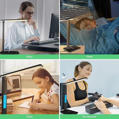 Desk Lamp with Wireless Charger, USB Charging Port, Dimmable Office Desk Light with Clock, Alarm, Date, Temperature, Foldable Lamp for Table Bedroom Bedside Office (Black)