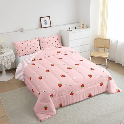 Girls Strawberry Comforter Set King Kawaii Strawberry Comforter for Kids Japanese Style Pink Cute Cartoon Fruit Food Theme Bedding Set Girly White Floral Down Comforter Reversible Soft Lightweight