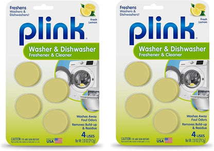 Plink Washer and Dishwasher Freshener and Cleaner, Prevents Residue, Removes Odors in Kitchen and Laundry Room Appliances, Septic-Friendly, Fresh Lemon Scent, 2 Packs of 4, 8 Tablets Total