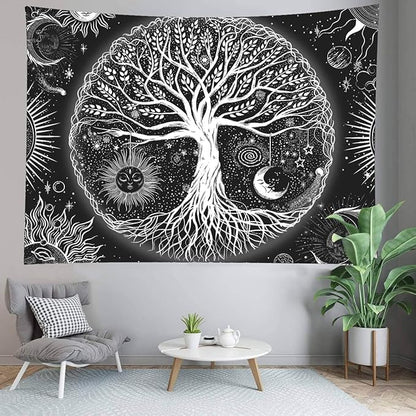 FORATER Tree of Life Tapestry Wall Hanging, Sun and Moon Aesthetic Wall Tapestry Black and White Tapestries Home Decor for Living Room Bedroom(53 x 61 Inch, Black and White)