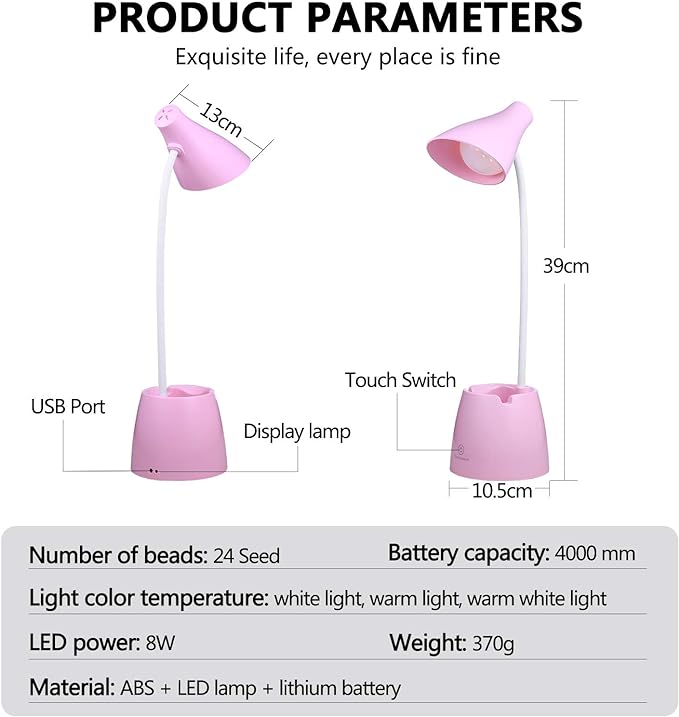 Desk Lamp LED, Desk Lamps with 3 Lighting Modes and Stepless Dimming, Desk Light 360 ° Flexible Gooseneck with Pen Holder & Mobile Phone Stand for Reading Kids Dorm (Pink)