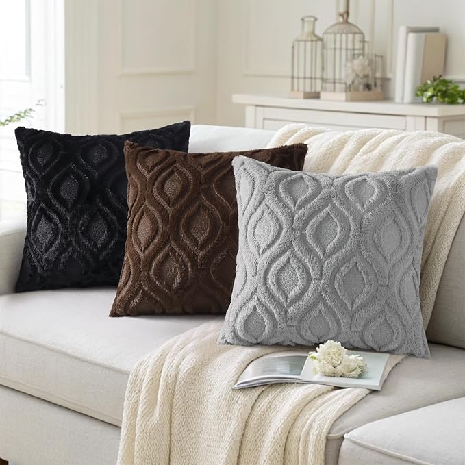 decorUhome Throw Pillow Covers 18x18 Inch Set of 2, Soft Plush Decorative Faux Fur Dark Brown Solid Couch Pillow Covers, Accent Farmhouse Neutral Square Euro Pillow Cases for Sofa Bed Living Room
