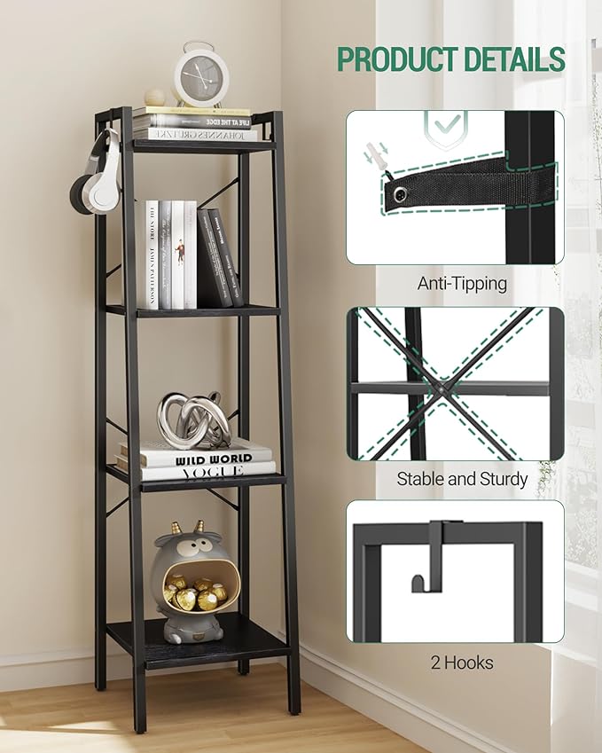 Ladder Shelf, Bookshelf Bookcase, Freestanding Corner Storage Shelve with 2 Hooks for Home Office, Living Room, Kitchen, Bedroom, Industrial, 4-Tier Black BC13204B