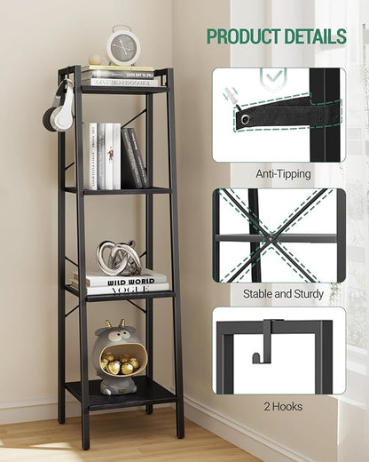 Ladder Shelf, Bookshelf Bookcase, Freestanding Corner Storage Shelve with 2 Hooks for Home Office, Living Room, Kitchen, Bedroom, Industrial, 4-Tier Black BC13204B