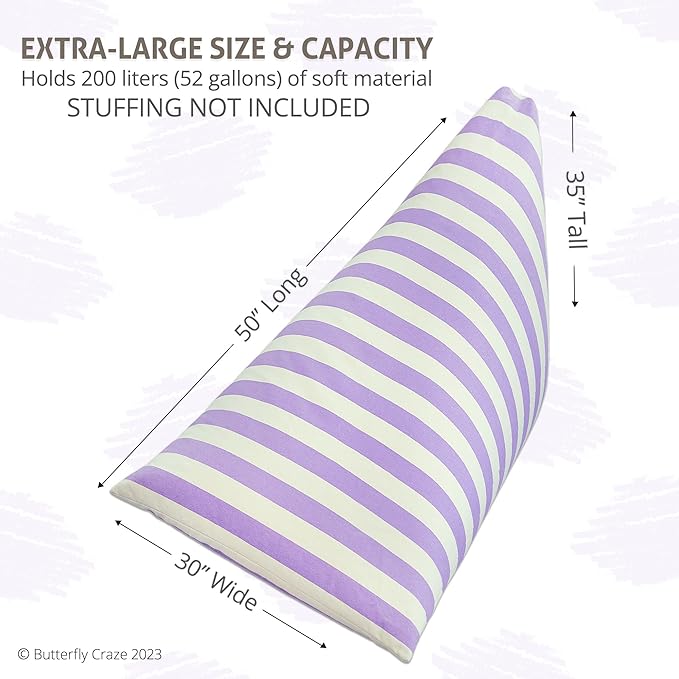 Butterfly Craze Bean Bag Chair Cover, Functional Toddler Toy Organizer, Fill with Stuffed Animals to Create a Jumbo, Comfy Floor Lounger for Boys or Girls, Stuffing Not Included, Purple Stripes