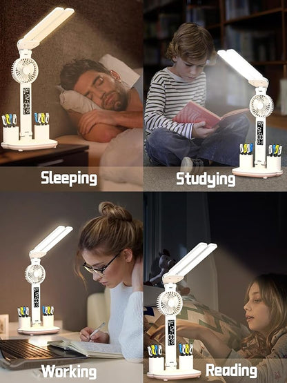 Desk lamp, LED Desk Lamps with Fans, USB Charging Port, Adjustable Foldable Table Lamp with Clock, Date, Fan, Pen Holder, Temperature, Step-less dimming Lighting, Home Office Desk Lamp