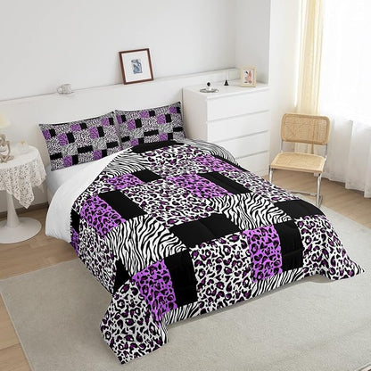 Erosebridal Girls Leopard Full Size Bedding Set Patchwork Black Purple Cheetah Print Comforter Set Women Black White Zebra Comforter Kids Wildlife Animal Bedding Quilt Soft Lightweight 2 Pillowcases
