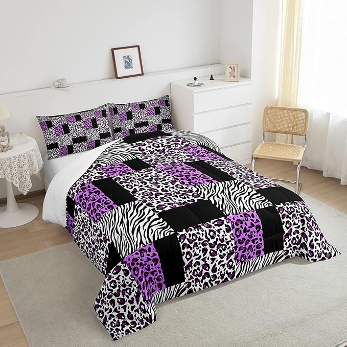 Erosebridal Purple Leopard Bedding Set Patchwork Cheetah Print Comforter Sets King Size for Girls Teens Adults Women Bedroom Black Zebra Pattern Duvet Sets Animal Skin Down Comforter 2 Piece