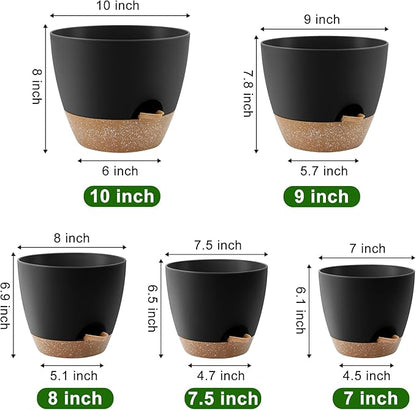 Plant Pots 10/9/8/7.5/7 Inch Self Watering Pots, Set of 5 Plastic Planters with Drainage Holes and Saucers,Plastic Flower Pots,Nursery Planting Pot for Indoor Out Door Plants(Black Brown)