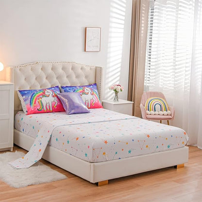 Aimuan Girls Unicorn Comforter Set 6 Pieces Pink Purple Bedding Set with Rainbow Star Galaxy Stars Fantasy Children Room Decor Soft Reversible Bed Sets for Boys/Girls/Teens (Pink-purple Full6Pcs)