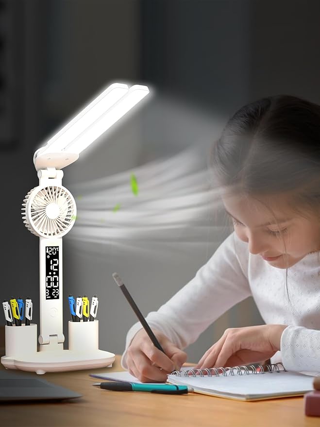 Desk lamp, LED Desk Lamps with Fans, USB Charging Port, Adjustable Foldable Table Lamp with Clock, Date, Fan, Pen Holder, Temperature, Step-less dimming Lighting, Home Office Desk Lamp