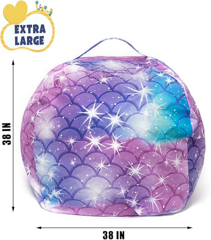 Stuffed Animal Storage Bean Bag Chair Cover, Hold Kids Plush Toys Blankets Towels Beanbag (Cover Only), Floor Circle Stuff Sit Seat Sofa with YKK Zipper, Extra Large 38", Classic Mermaid