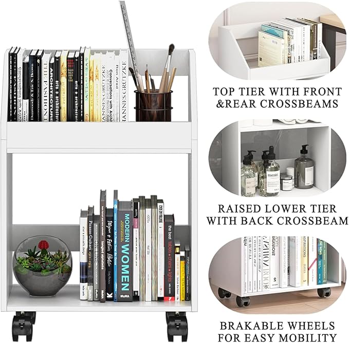 2-Tier Mobile Bookshelf, White Bookcase with Wheels, Rolling File Holder Desk File Book Organizer for Home Office Living Room School